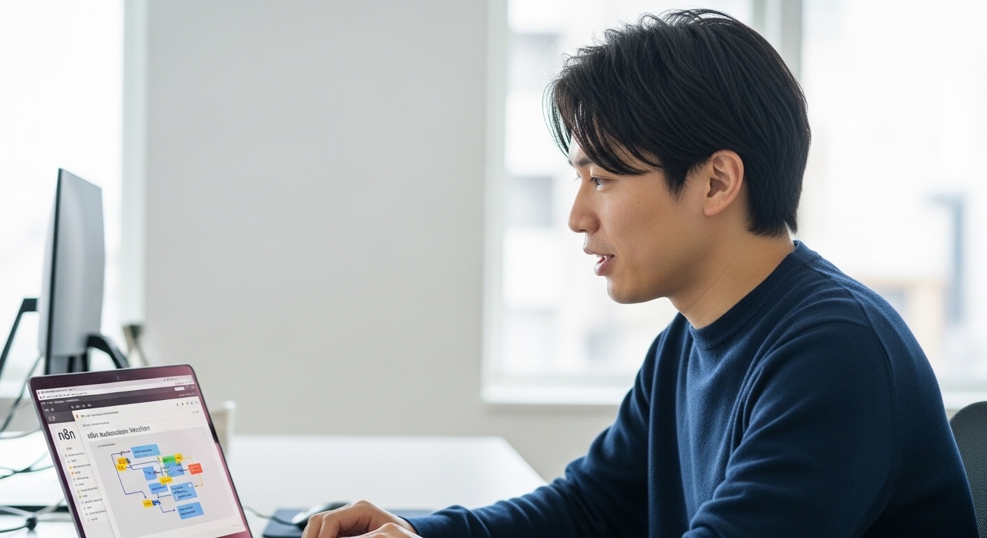 ワークフロー設計画面を見ながら開発するエンジニア