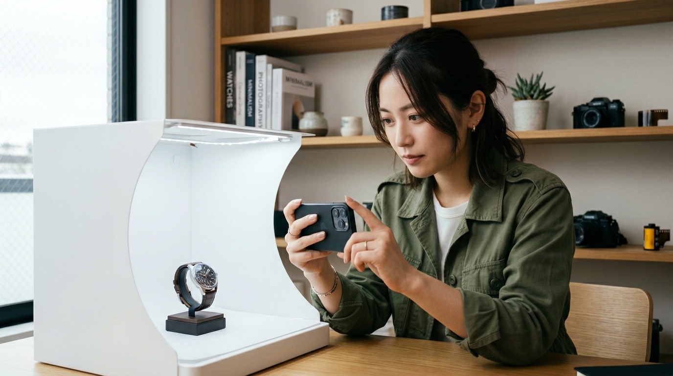撮影ブースで腕時計を撮影するスタッフ